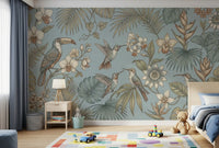 Blue tropical mural showing birds perched among soft foliage