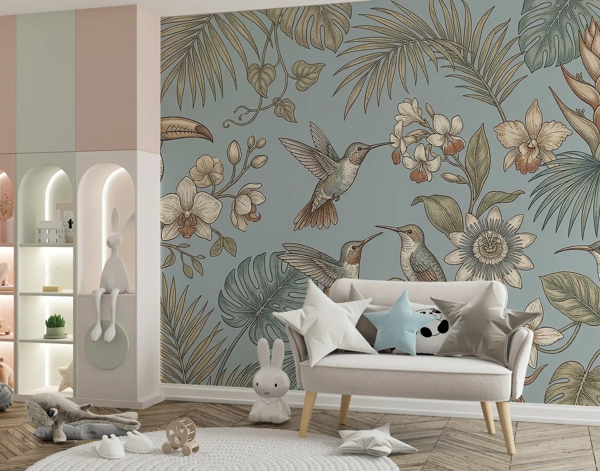 Nature wall mural with birds, leaves, and soft blue palette