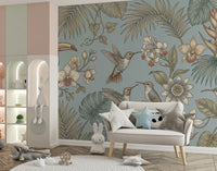 Nature wall mural with birds, leaves, and soft blue palette