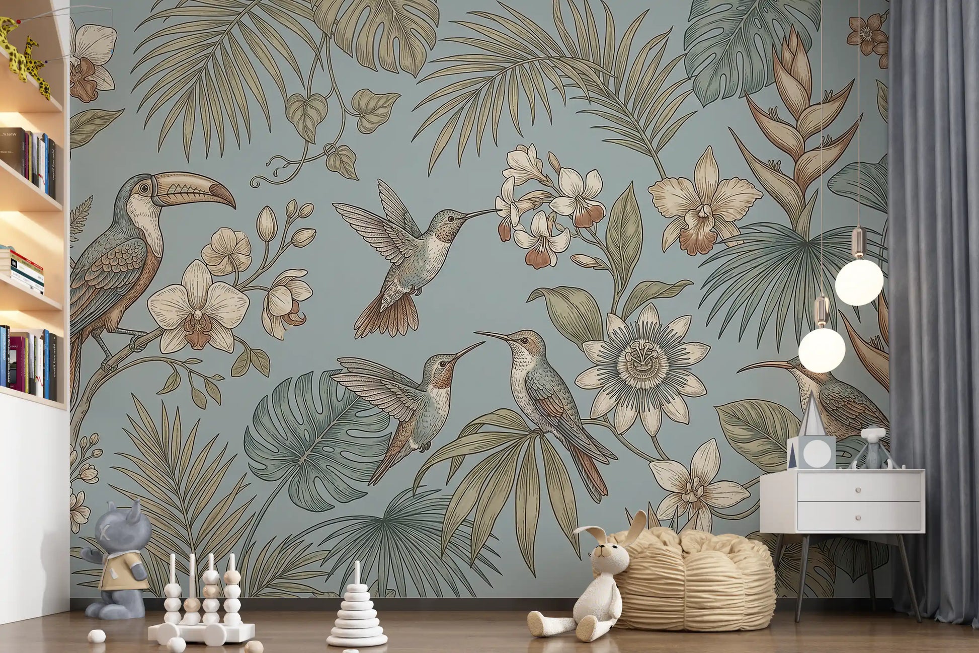 Kids room styled with Tropical Birds wall mural in soft blue tones