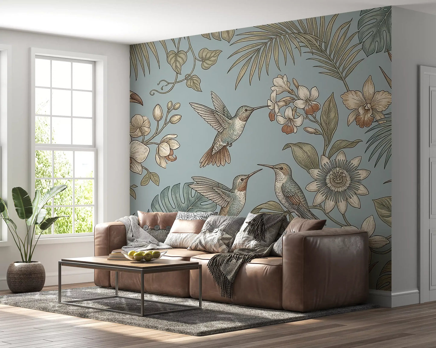 living room with Tropical Birds wall mural and floral elements