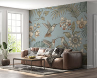living room with Tropical Birds wall mural and floral elements