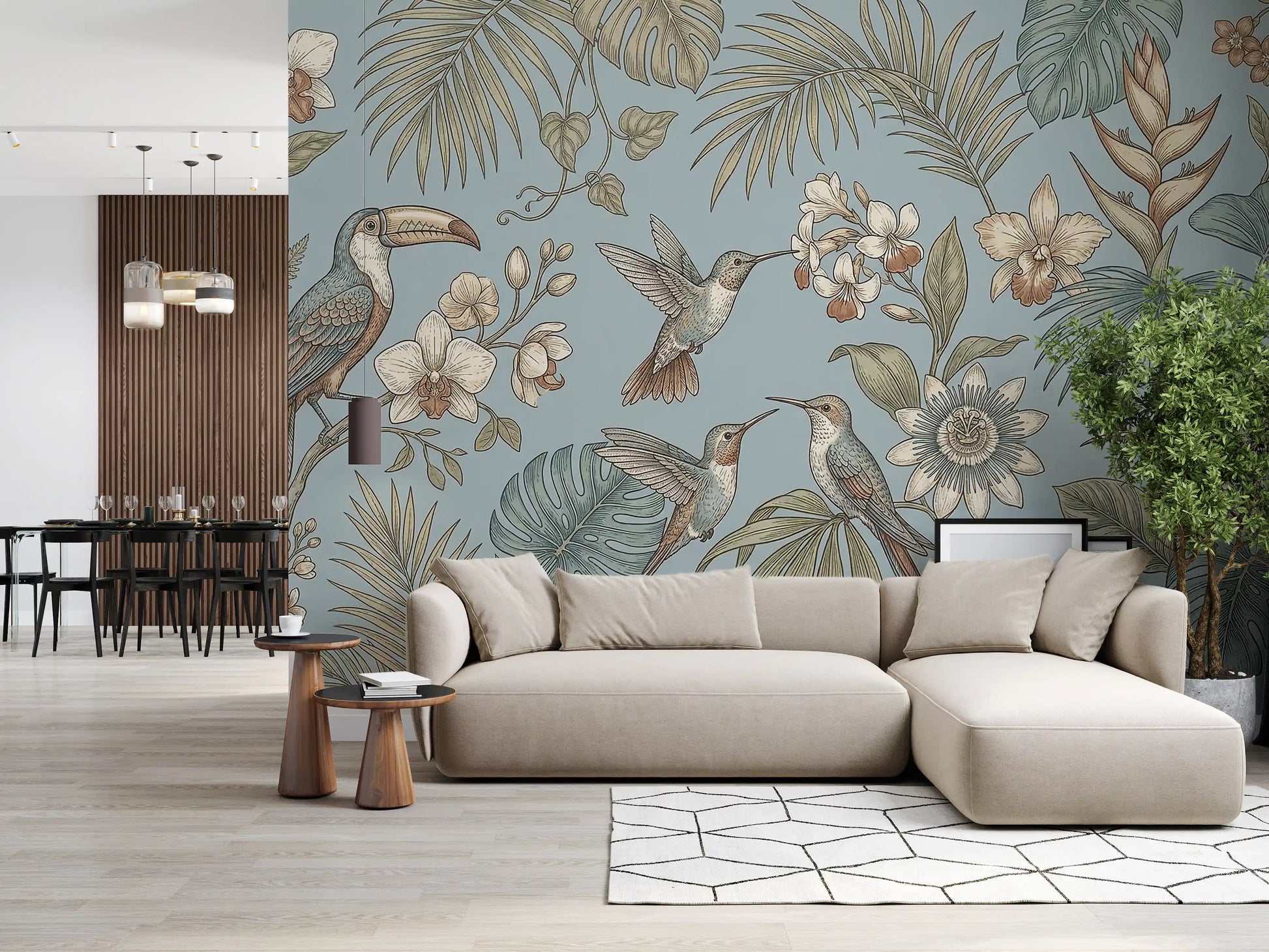 Living room wall featuring Tropical Birds Serenity mural with leaf details