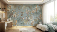 Tropical Birds mural with floral accents and calm background