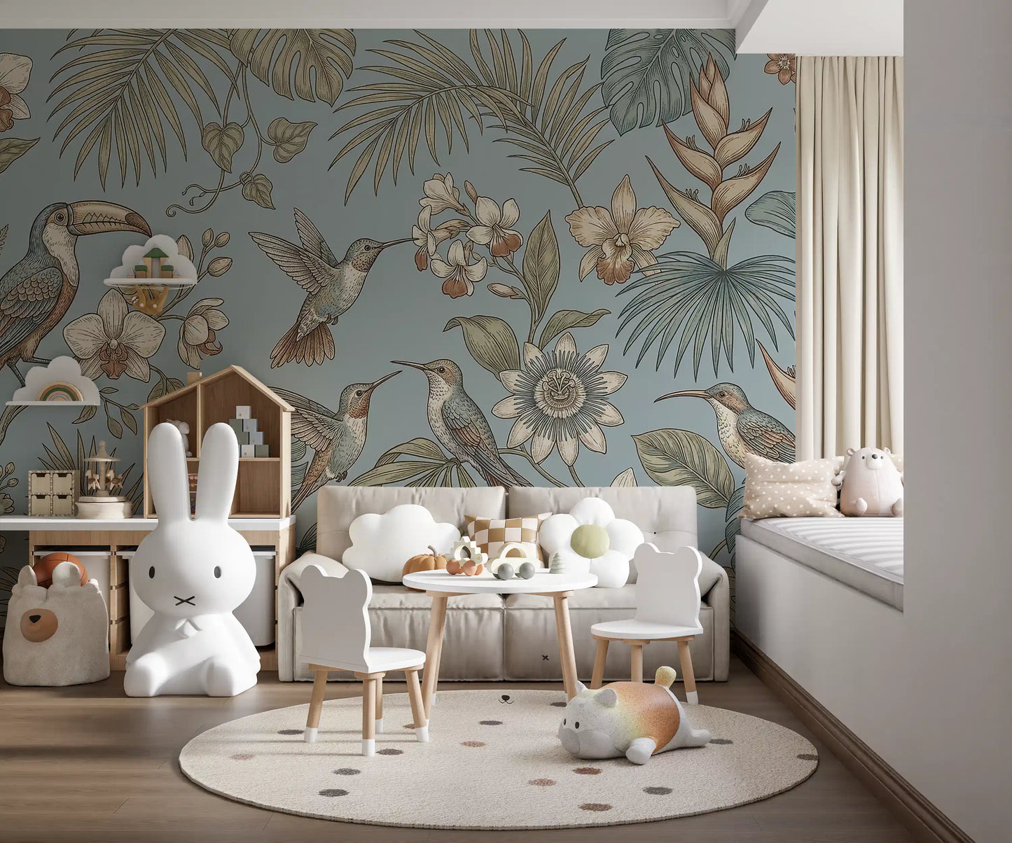 Play area finished in botanical bird wall mural with tropical foliage