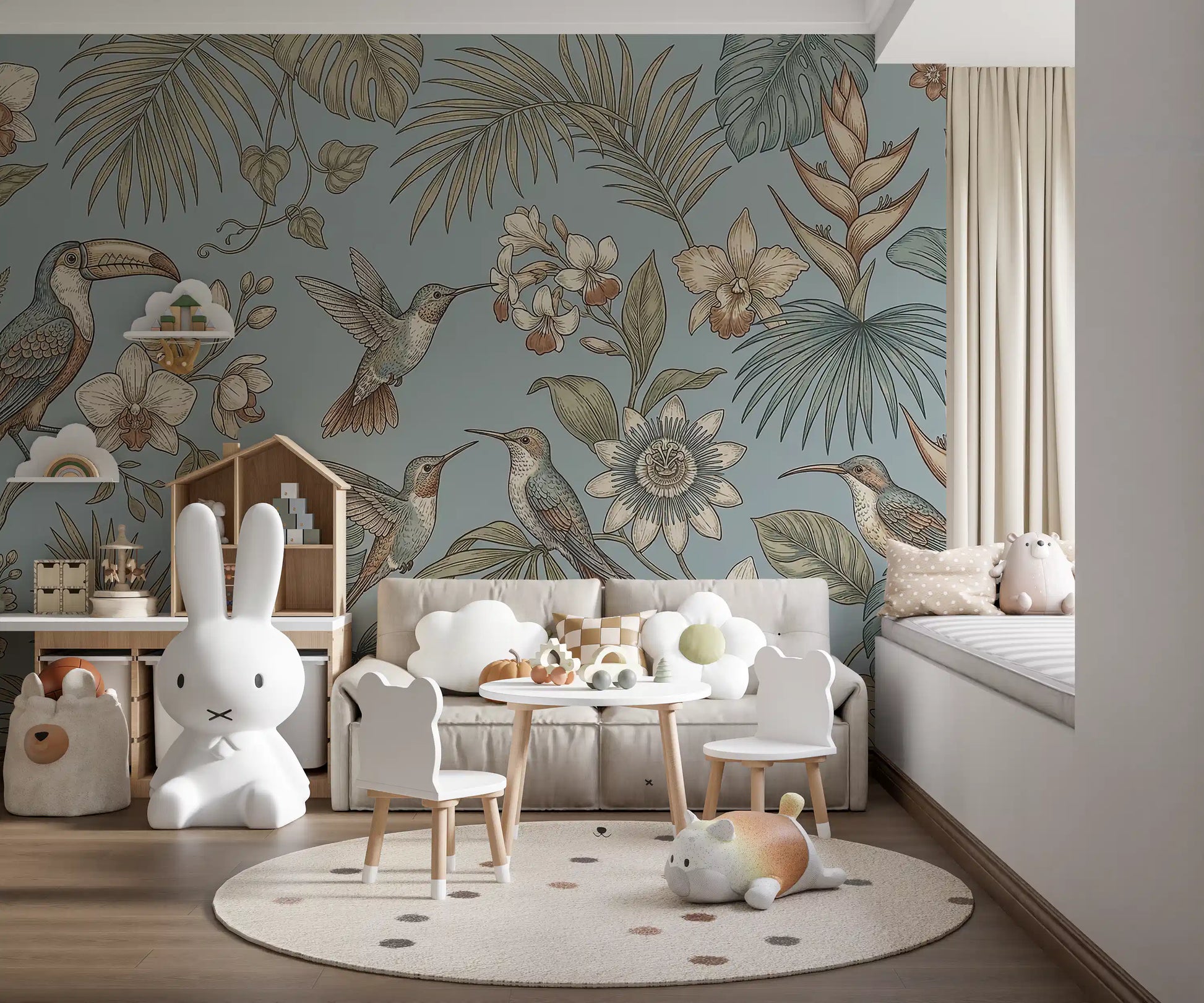Play area finished in botanical bird wall mural with tropical foliage