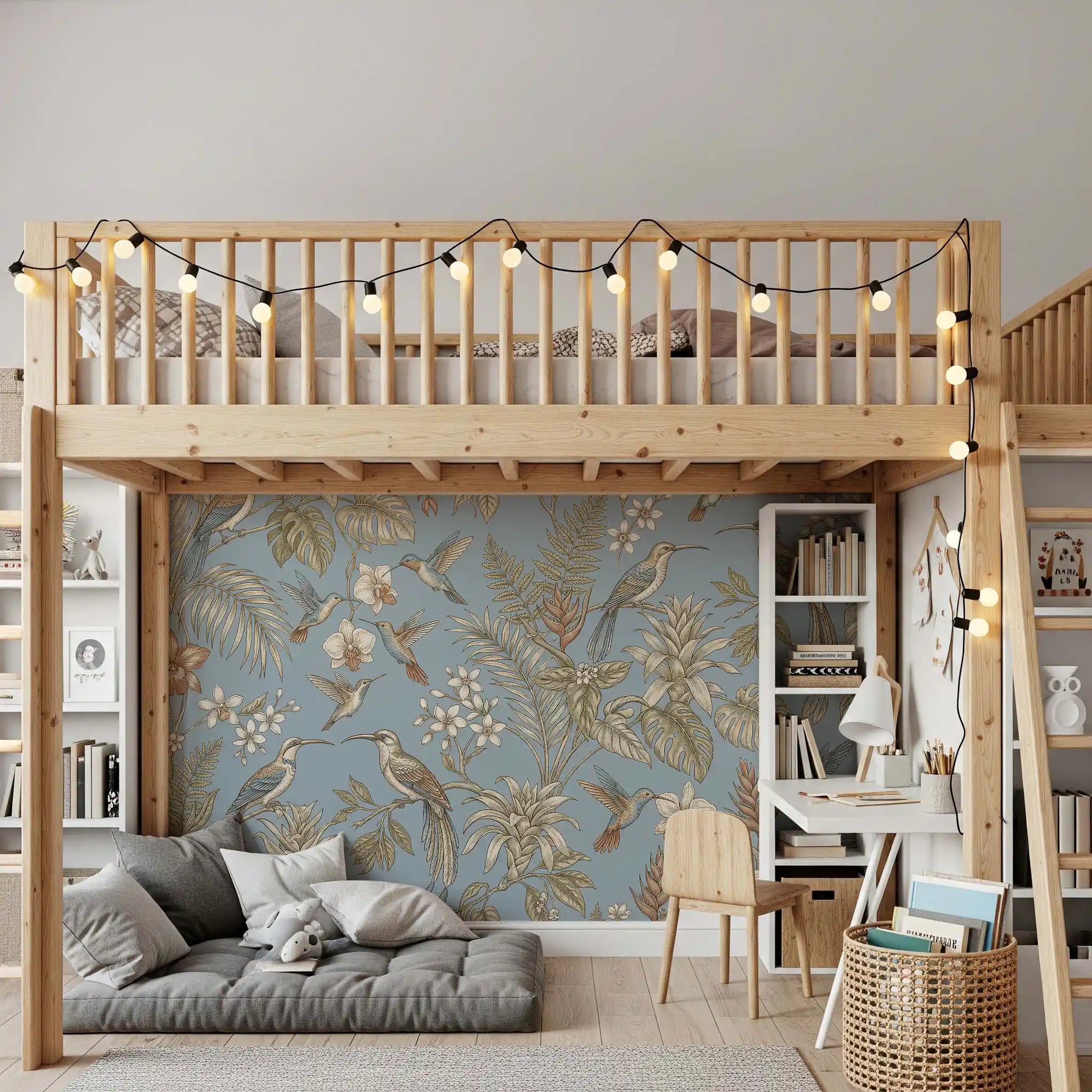Study room using tropical bird wall mural with floral branch detail