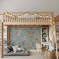 Study room using tropical bird wall mural with floral branch detail