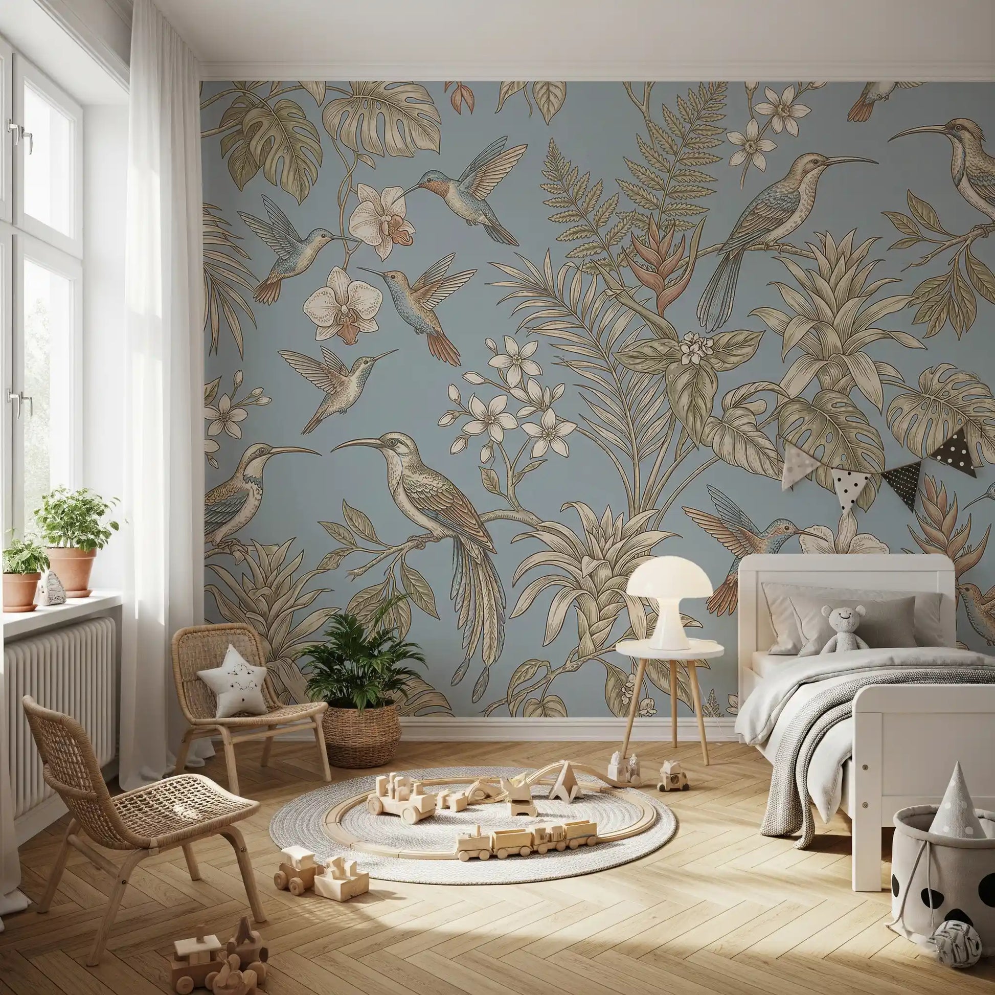 Bedroom wall styled with botanical bird mural and tropical flowers
