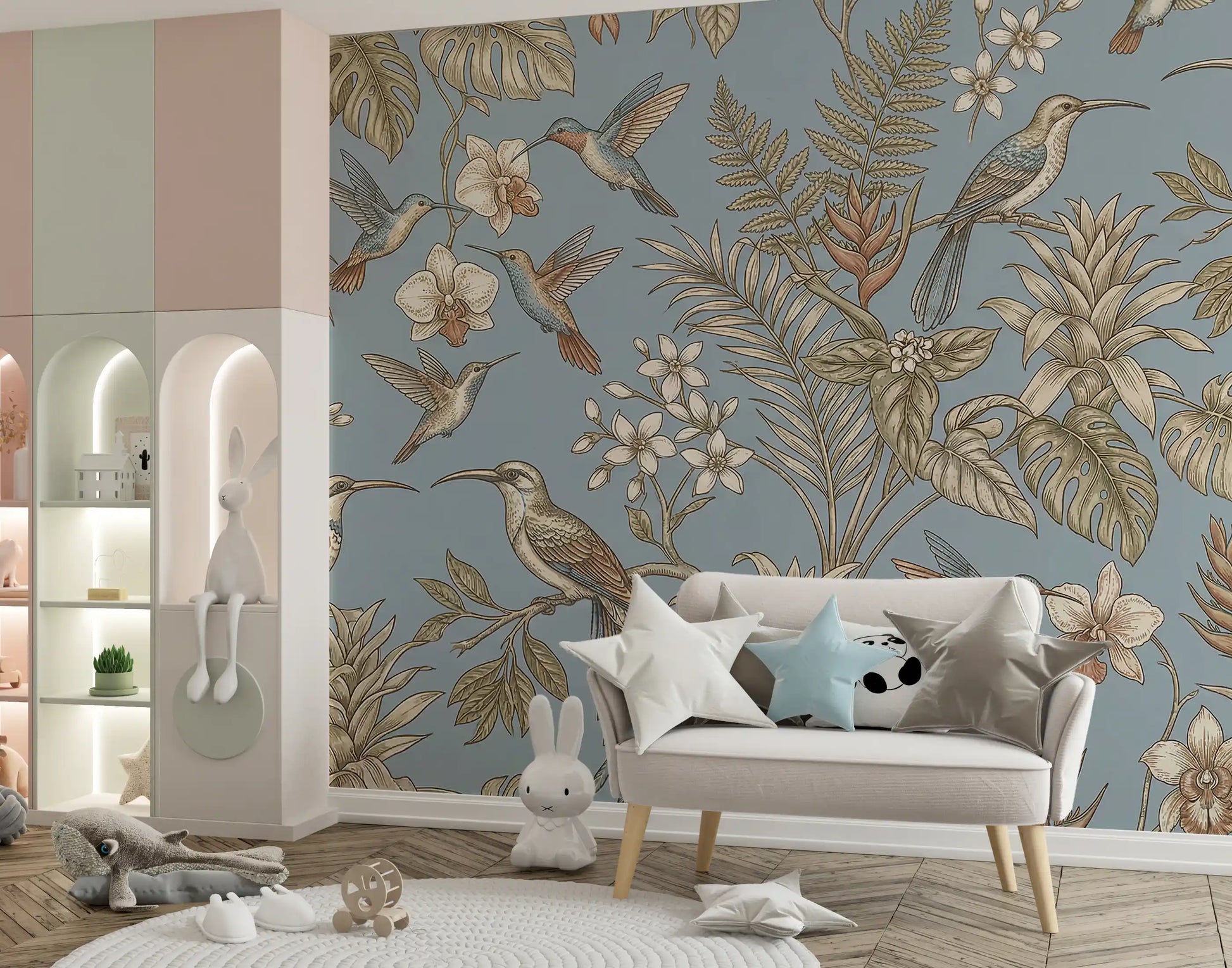 Blue botanical wall mural with layered foliage and bird illustrations