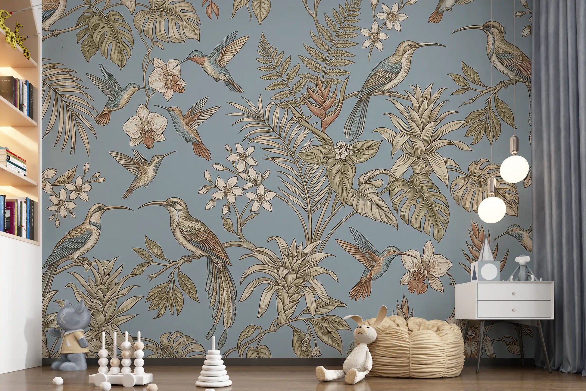 Long-tailed birds and hummingbirds define this tropical bloom mural