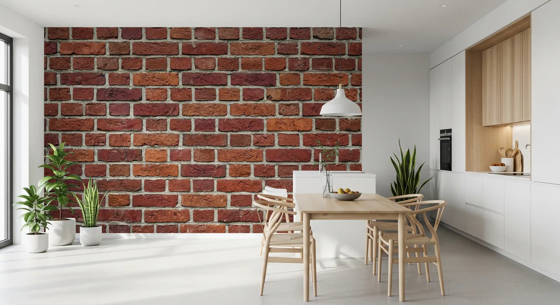 Dining room wall shows Rustic Red Brick wall mural in an industrial finish