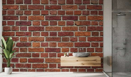 Bathroom styled with Rustic Red Brick wall mural and aged texture
