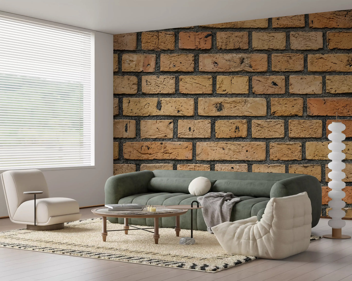 Hallway designed with brick texture wall mural in warm earthy shades