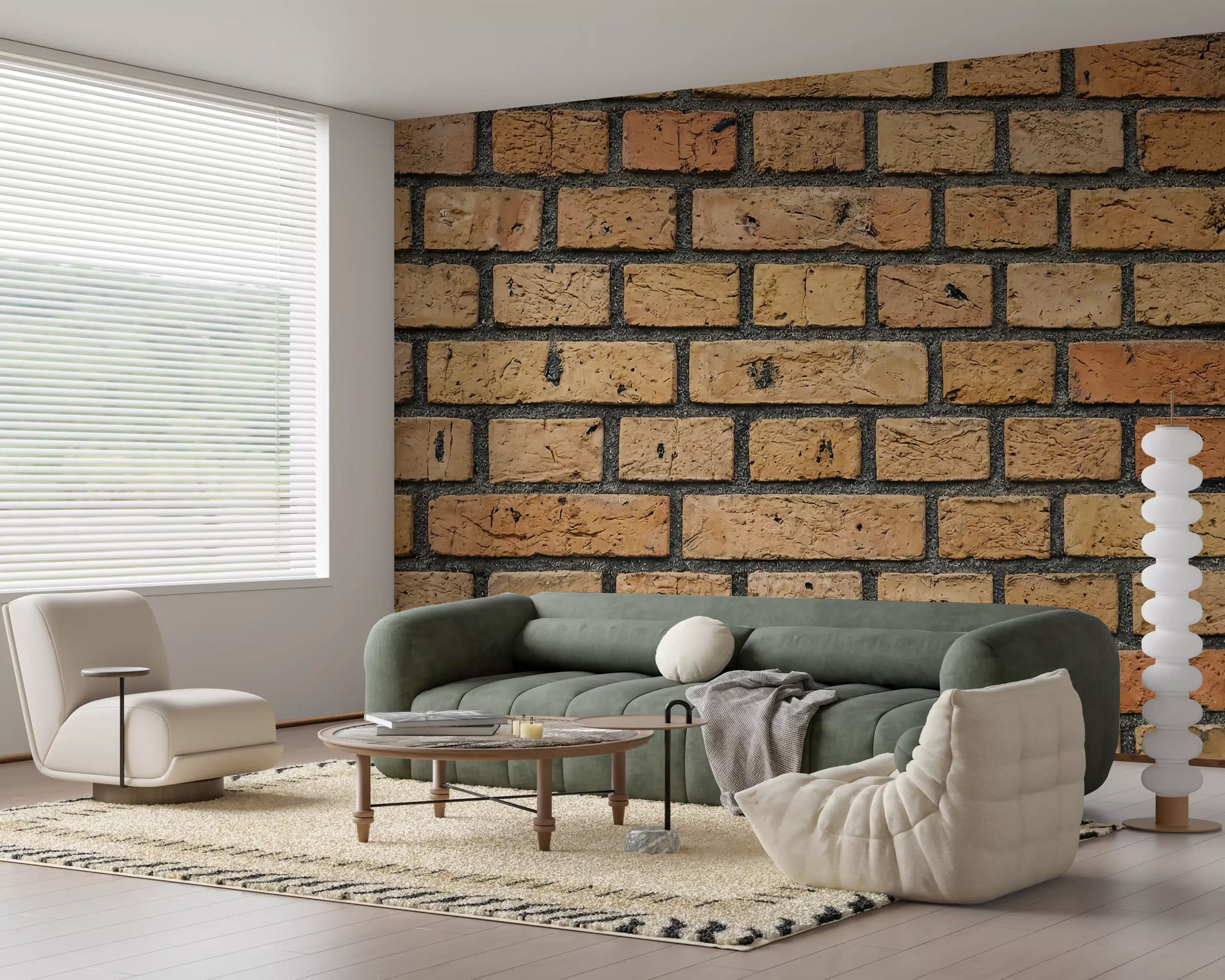 Hallway designed with brick texture wall mural in warm earthy shades