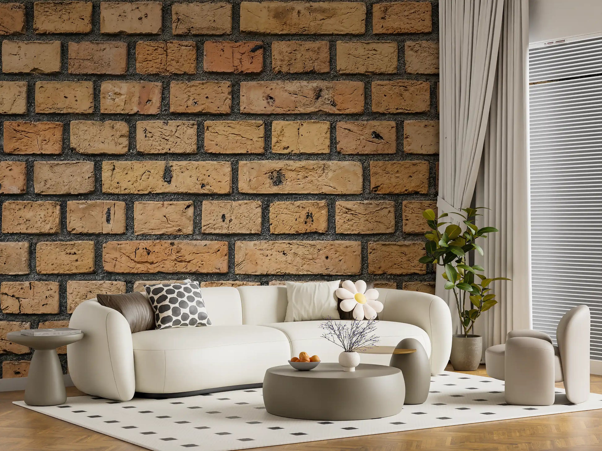Living room styled with Timeless Brick wall mural in warm neutral brick tones