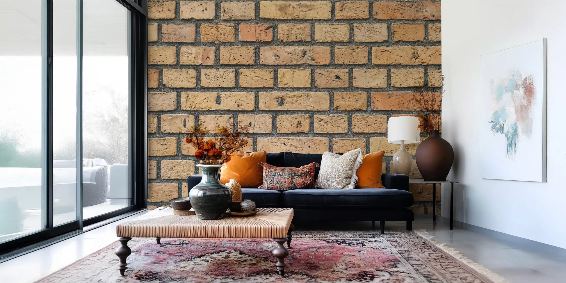 Home using rustic brick wall mural in beige and clay colour tones