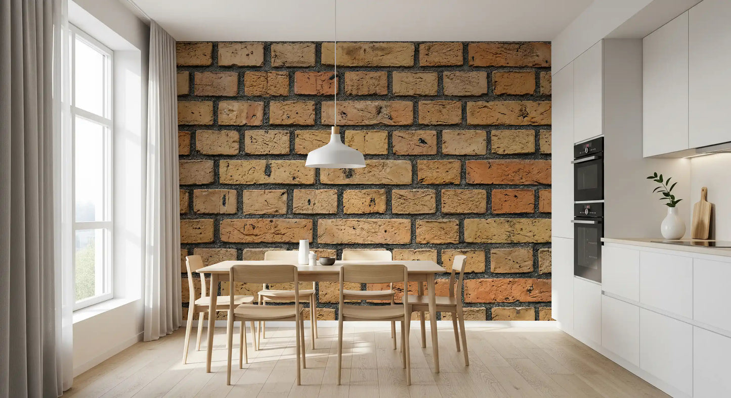 Subtle earthy colour gives this rustic brick wall mural a balanced look