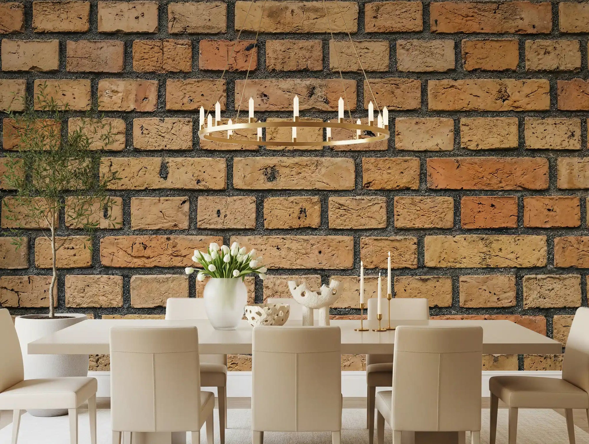Realistic grout lines shape this brick pattern wall mural with rustic finish
