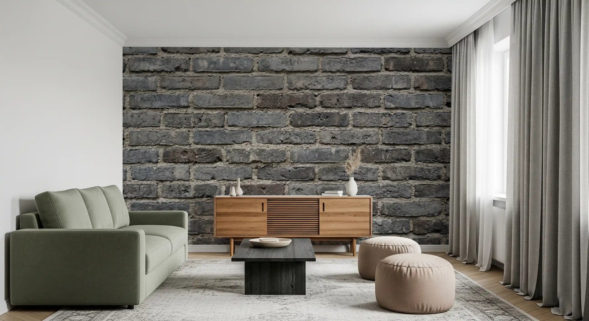 Home office finished with brickwork texture wall mural in urban gray tones