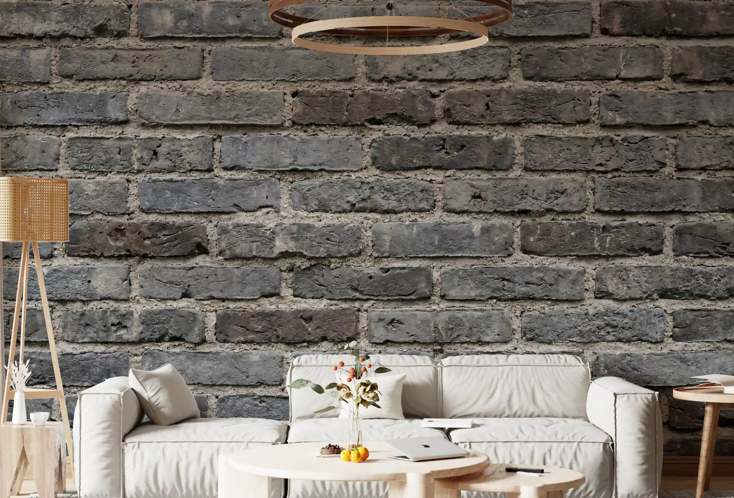 Living room with Urban Gray brickwork wall mural in a rough textured finish