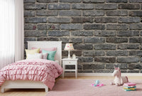 Industrial wall mural with urban gray brickwork and natural mortar lines