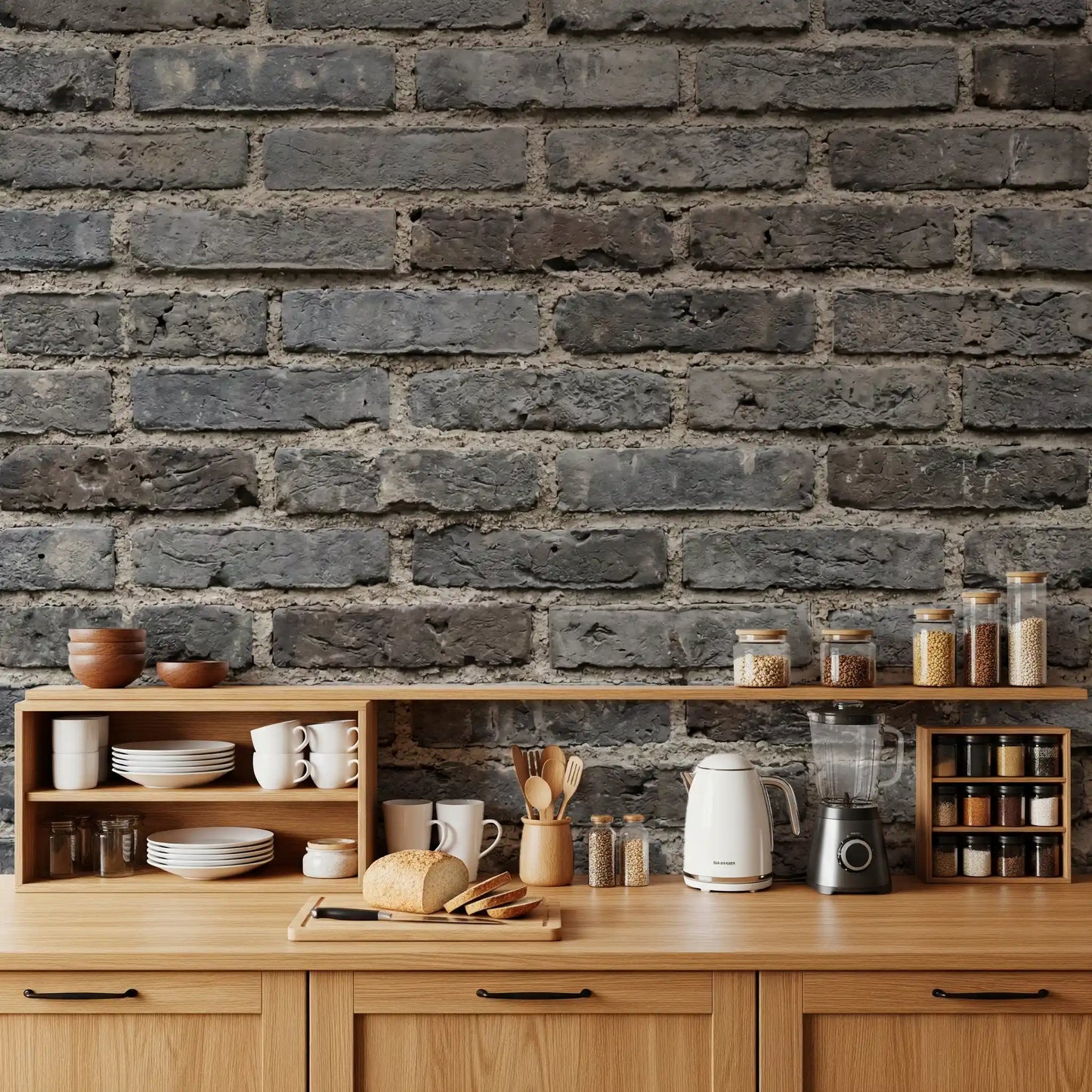 Kitchen showing Urban Gray wall mural with layered brickwork texture