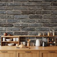 Kitchen showing Urban Gray wall mural with layered brickwork texture