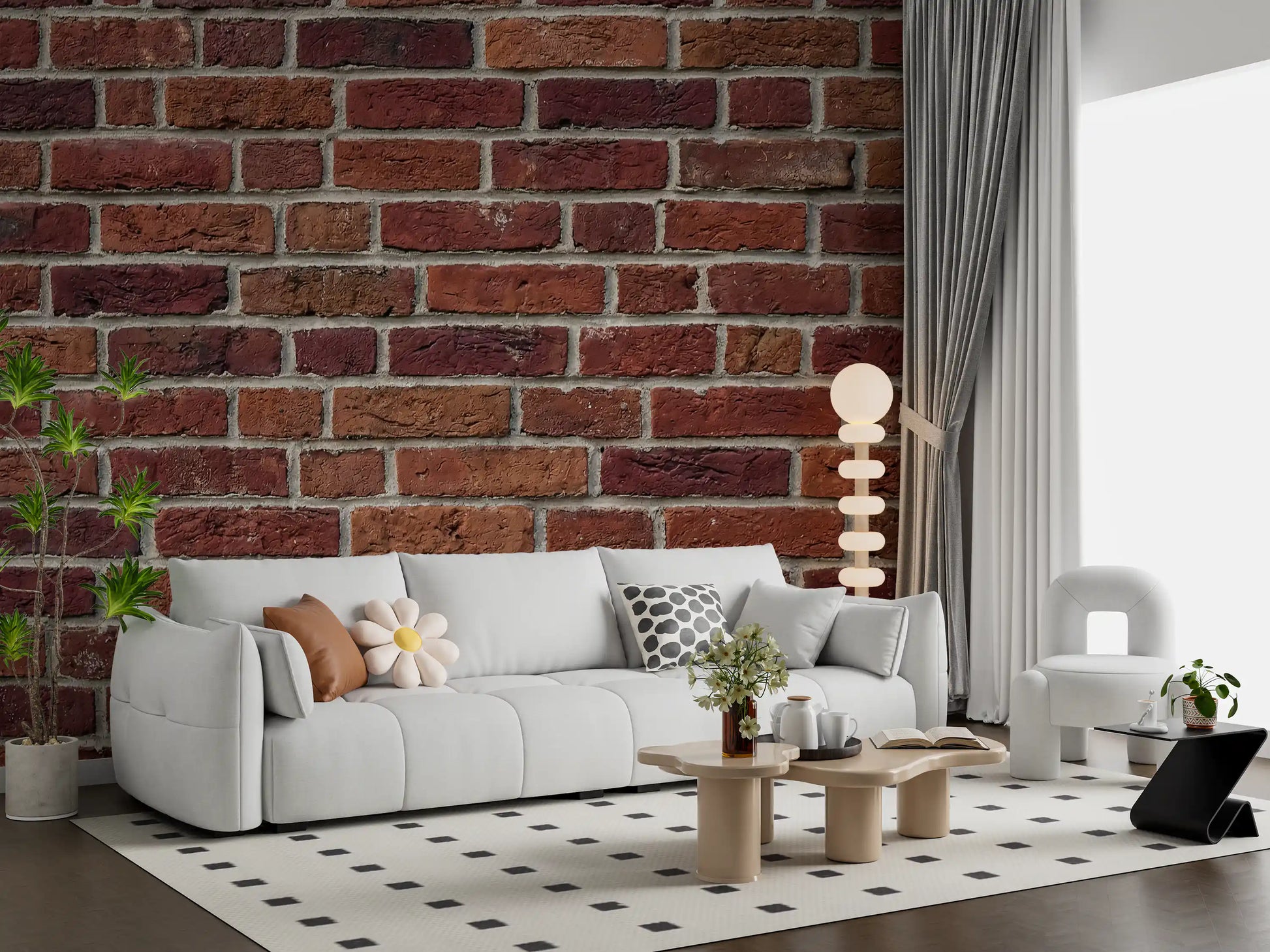 Living room with industrial brick wall mural brown red tones