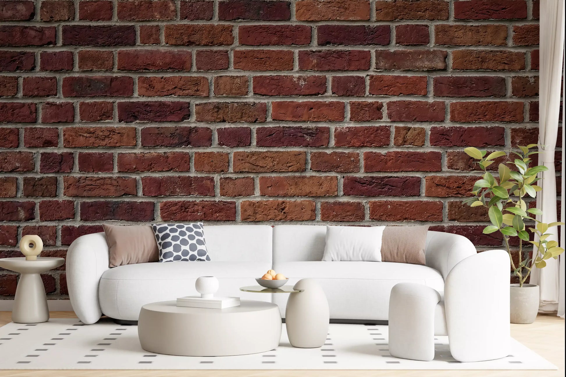 Hallway styled using brick texture wall mural with aged brick detail