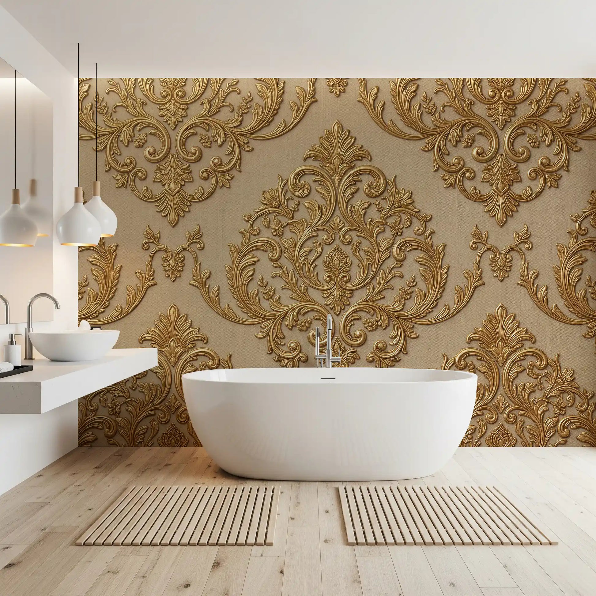 Layered gold scrollwork mural displays carved floral ornament styling