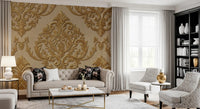 Warm beige surface shows Gilded Grandeur mural with gold floral detail