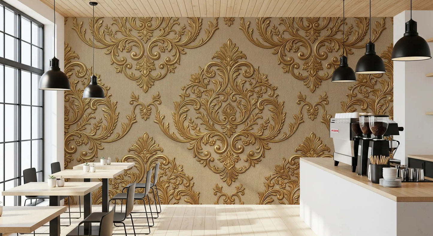 Cafe area finished with beige scrollwork wall mural pattern