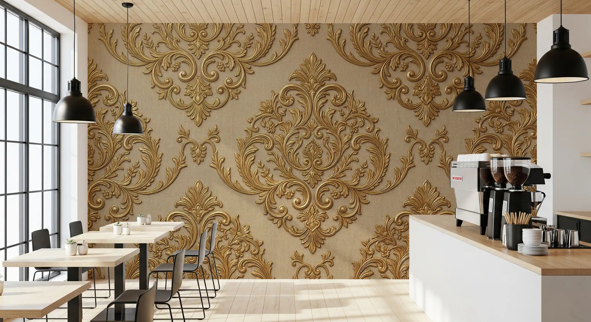Cafe area finished with beige scrollwork wall mural pattern
