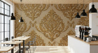 Cafe area finished with beige scrollwork wall mural pattern