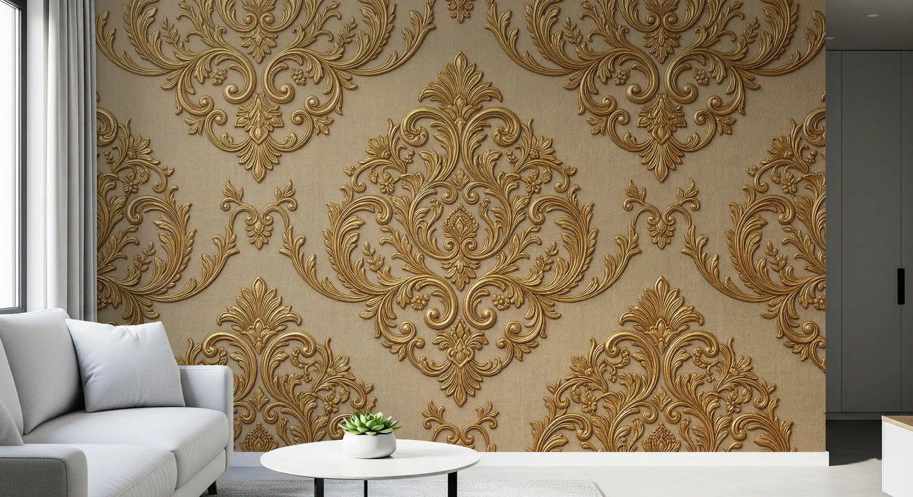 Living room styled with Gilded Grandeur wall mural in gold beige tones