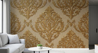 Living room styled with Gilded Grandeur wall mural in gold beige tones