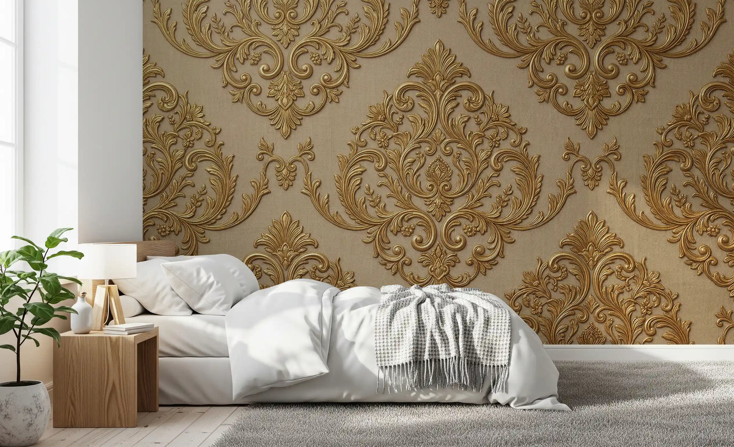 Gilded pattern mural with repeating damask leaves and gold accents