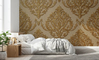 Gilded pattern mural with repeating damask leaves and gold accents