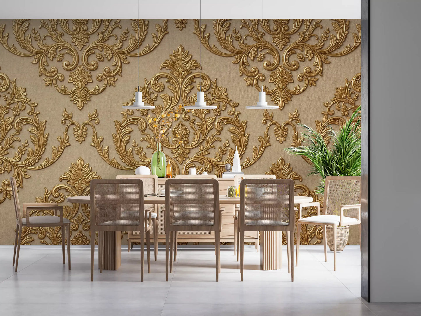 Ornamental gold mural creates a formal look for dining room walls