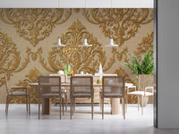 Ornamental gold mural creates a formal look for dining room walls
