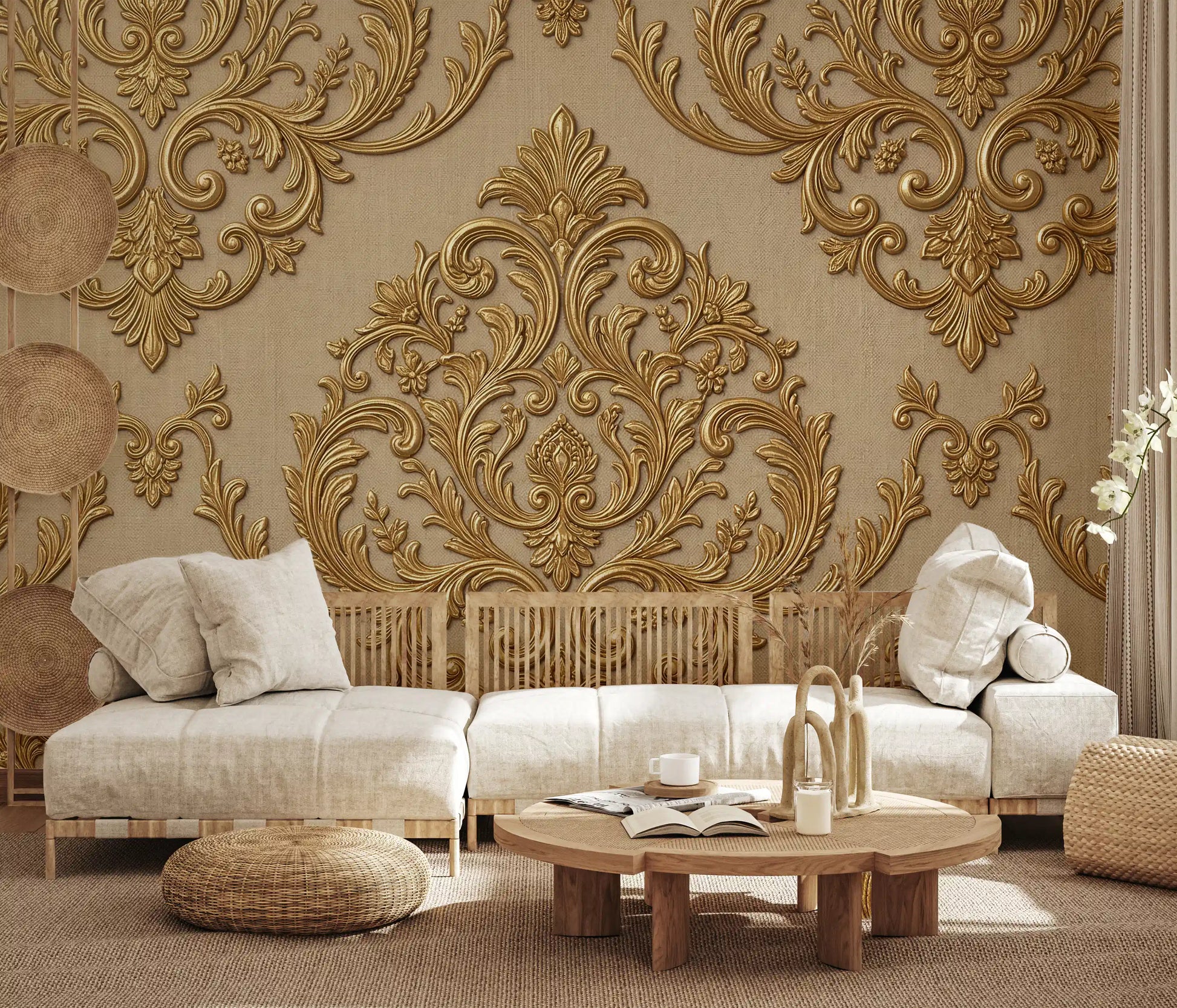 Gold damask wall mural adds ornate detail across a hallway setting