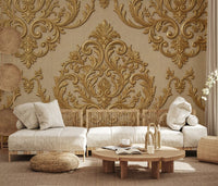 Gold damask wall mural adds ornate detail across a hallway setting