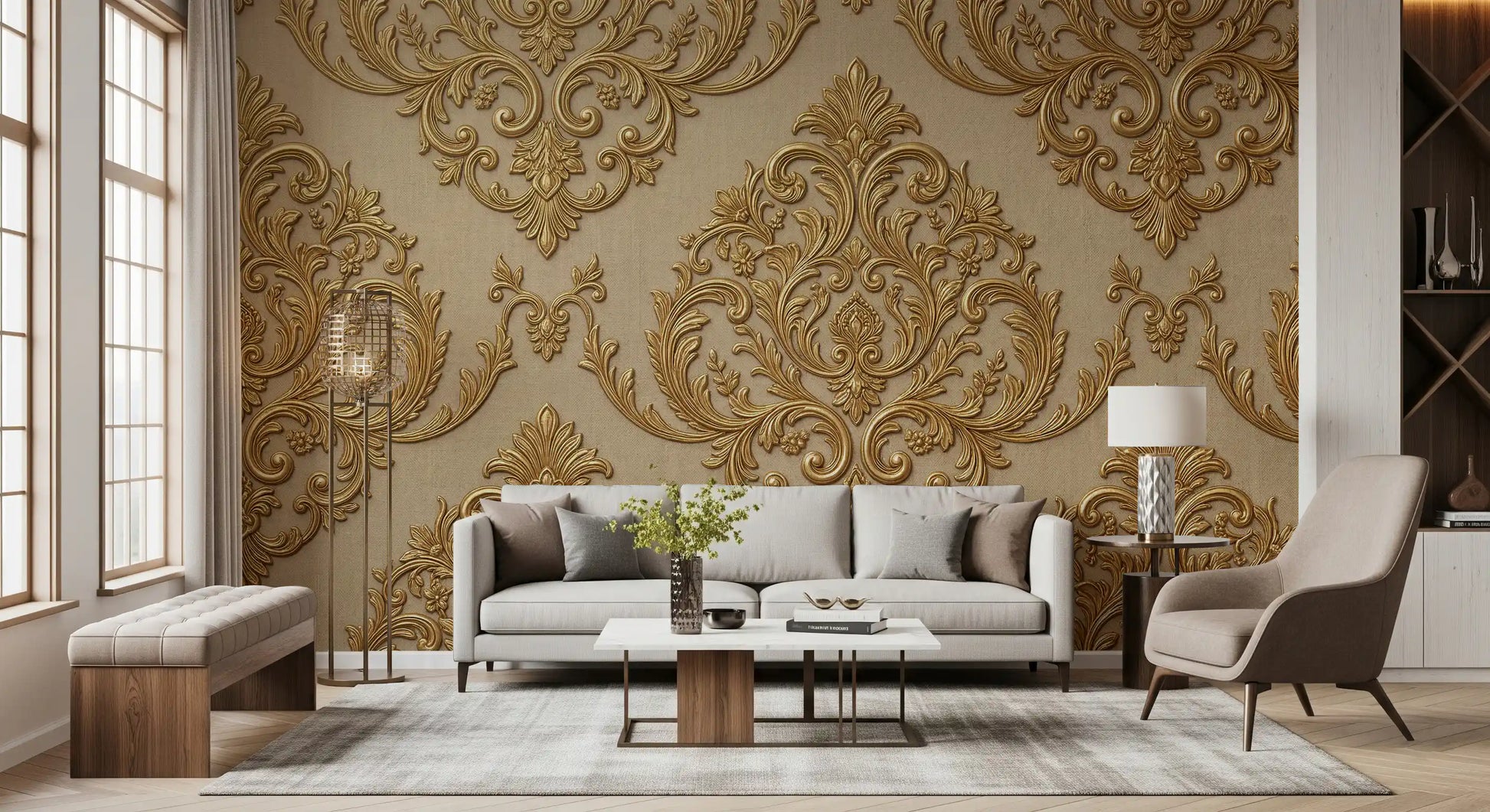 Classic damask wall mural carries gilded curves across textured beige