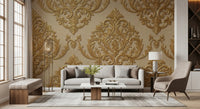 Classic damask wall mural carries gilded curves across textured beige