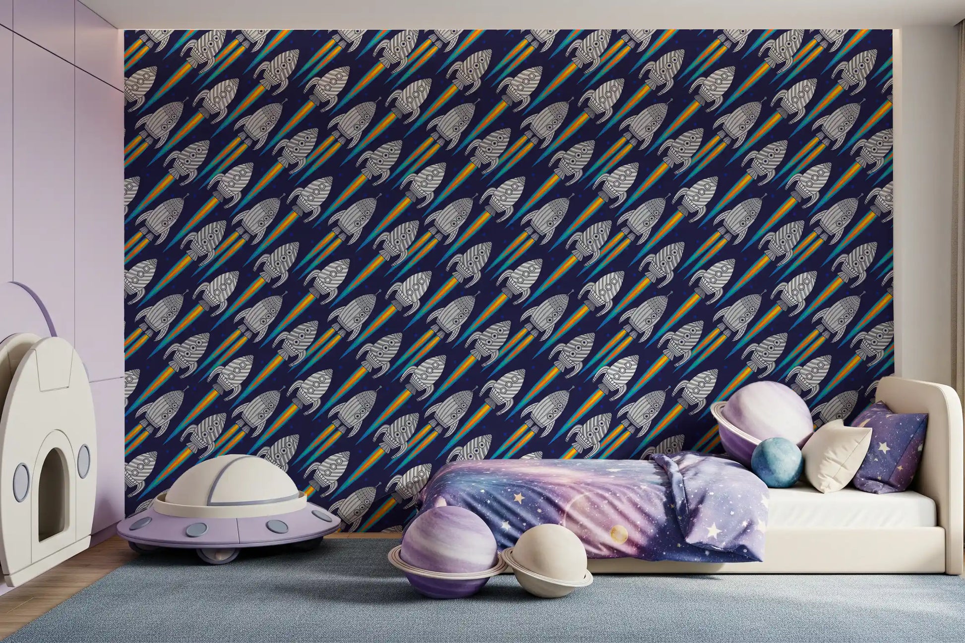 Dark blue outerspace rockets wallpaper with striped spaceship detail