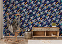 Play area styled with rockets spaceships wallpaper on dark blue base