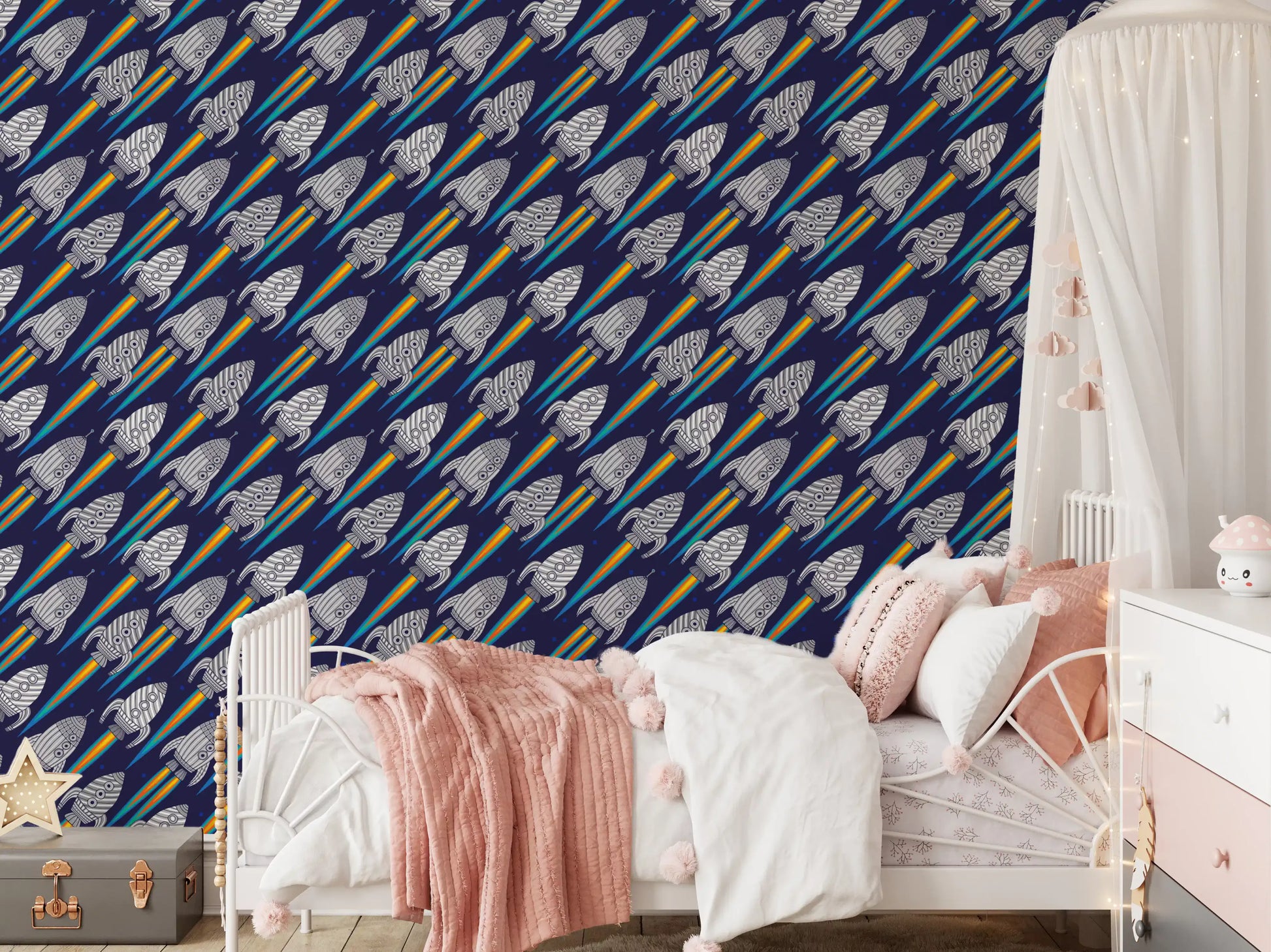 Girls room with kids spaceship wallpaper and rainbow rocket trails