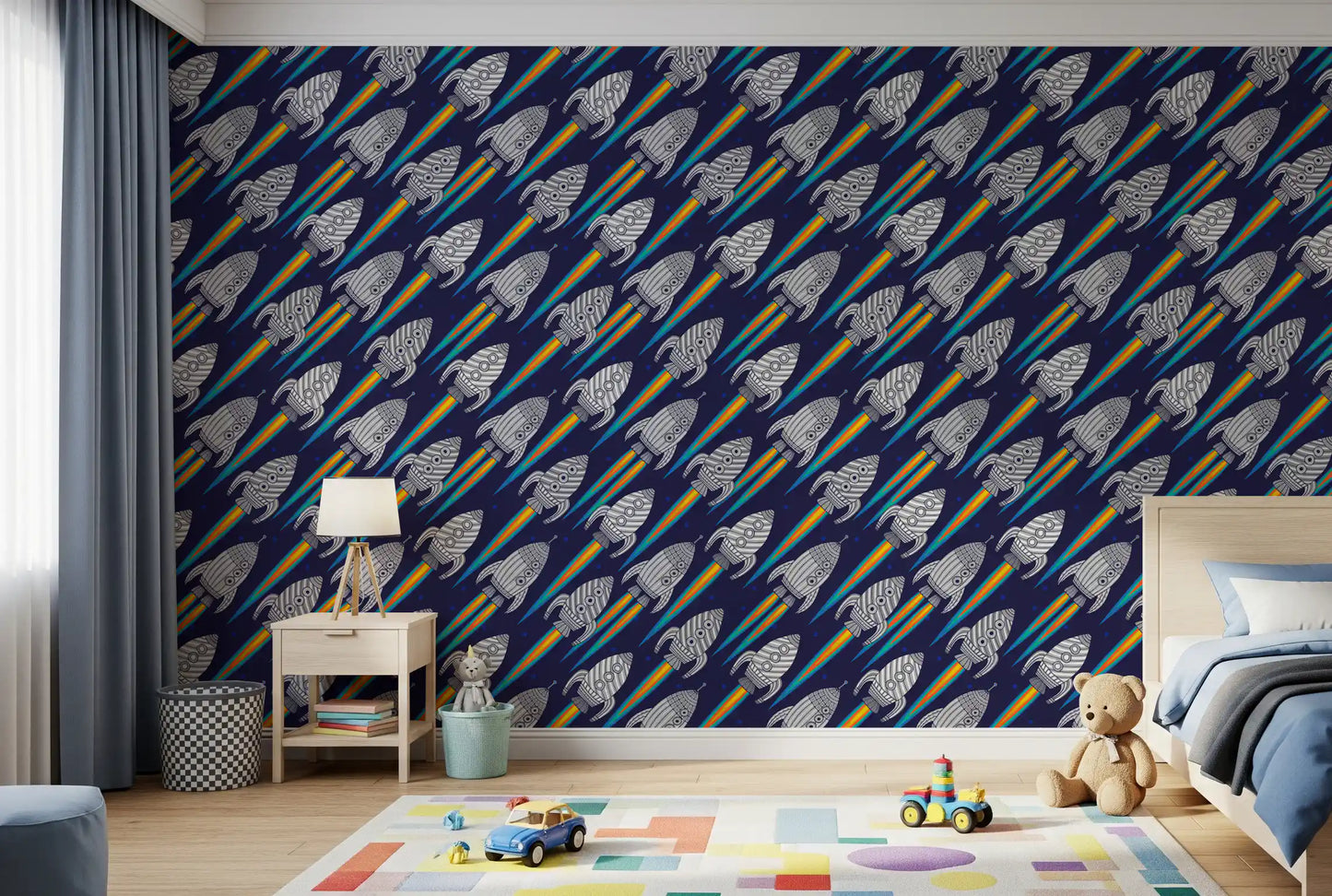 Bedroom featuring Blast Off outerspace wallpaper rocket pattern