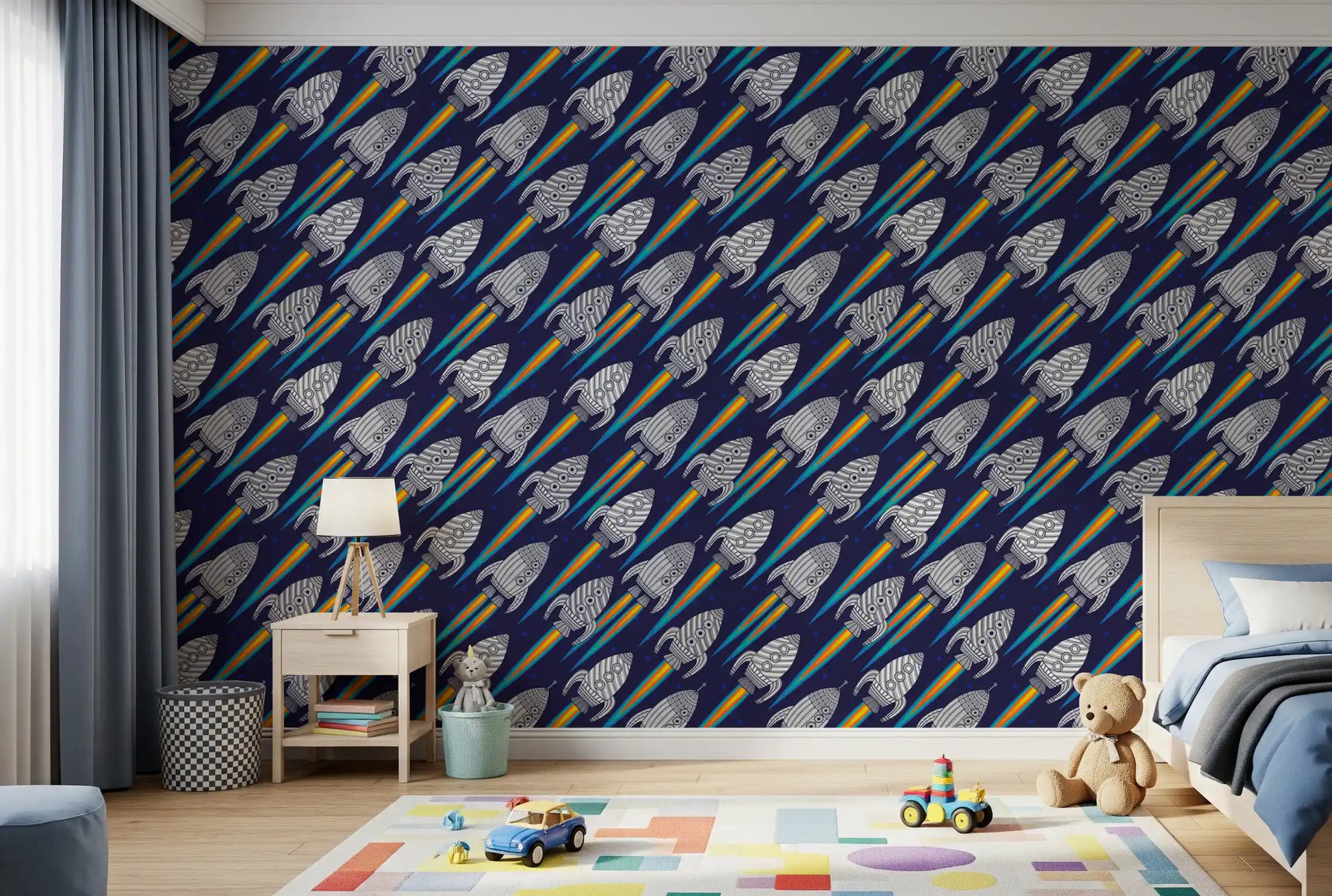 Bedroom featuring Blast Off outerspace wallpaper rocket pattern